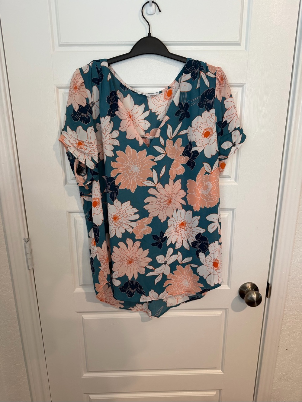 DR2 Teal Floral V-Neck Blouse with Peach and White Blooms
